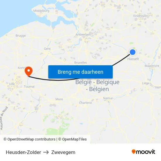 Heusden-Zolder to Zwevegem map