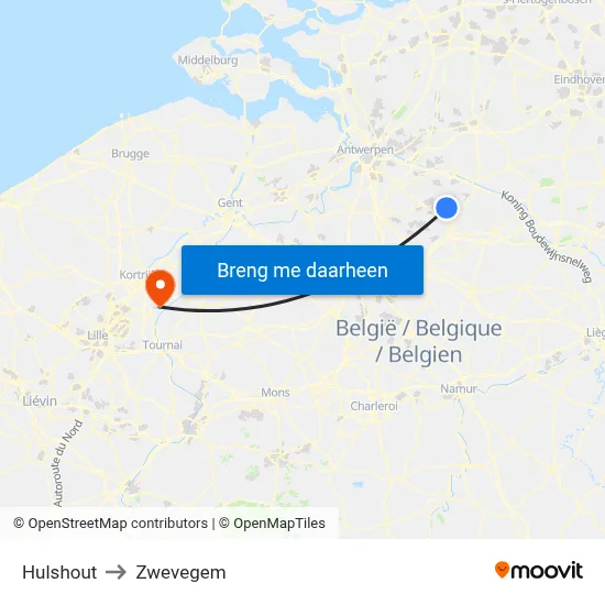 Hulshout to Zwevegem map