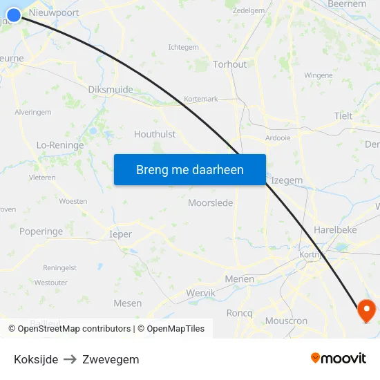 Koksijde to Zwevegem map