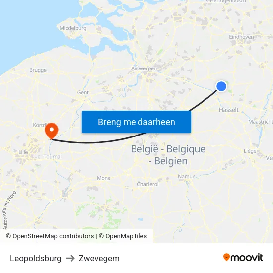 Leopoldsburg to Zwevegem map