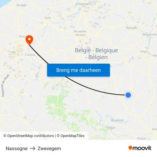 Nassogne to Zwevegem map