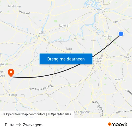 Putte to Zwevegem map