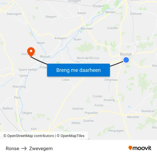 Ronse to Zwevegem map