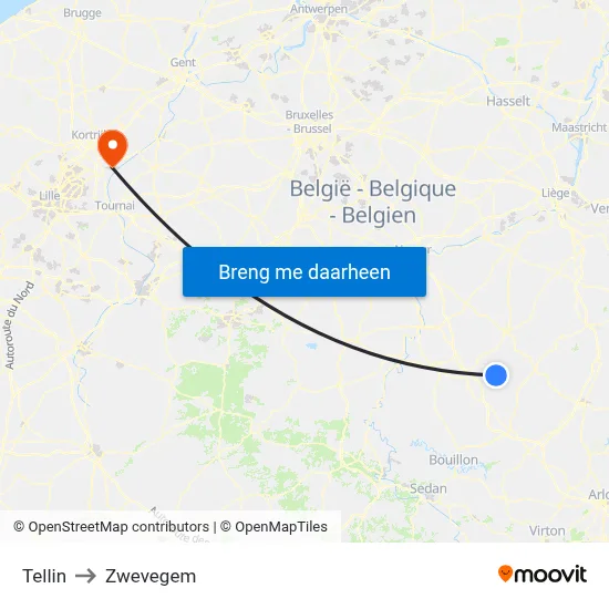 Tellin to Zwevegem map