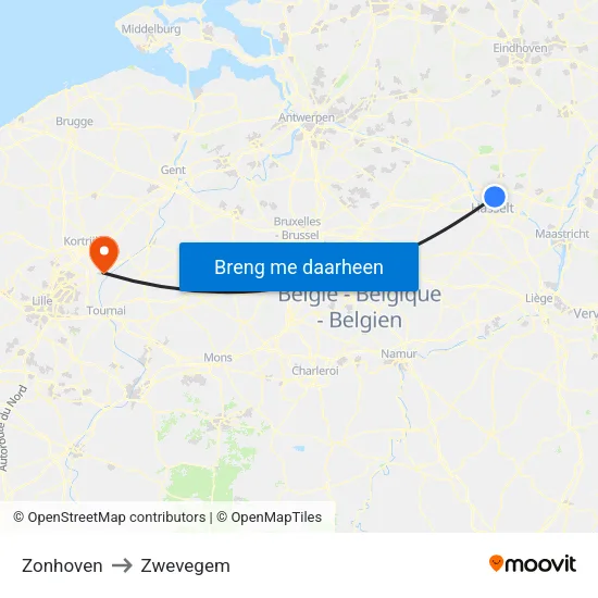 Zonhoven to Zwevegem map