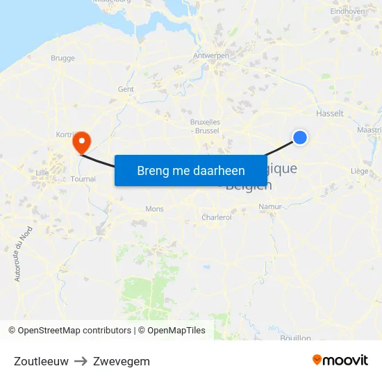 Zoutleeuw to Zwevegem map