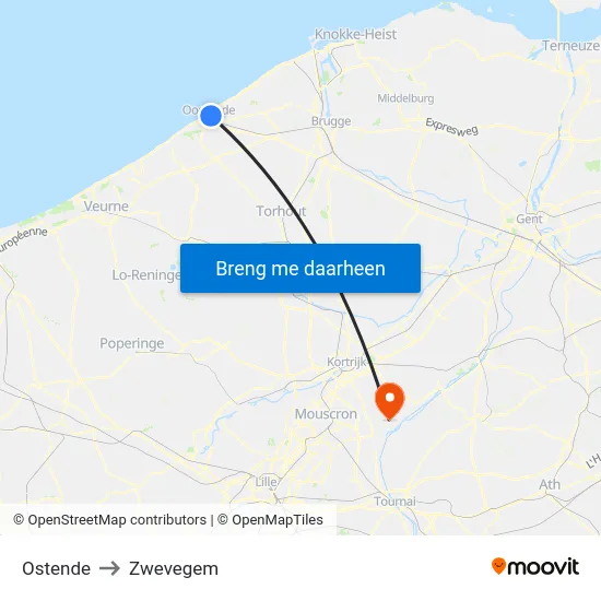 Ostende to Zwevegem map