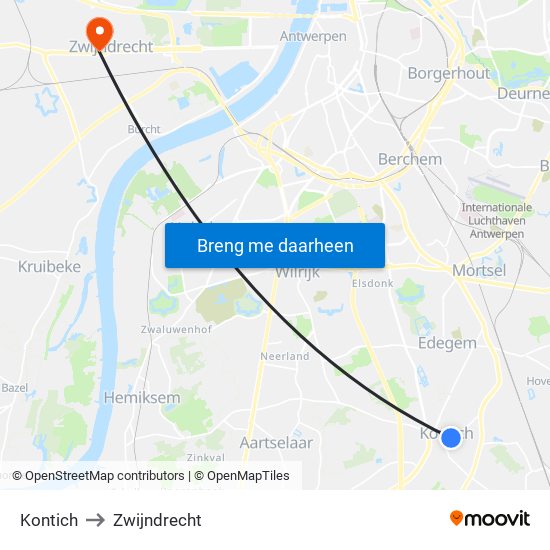 Kontich to Zwijndrecht map