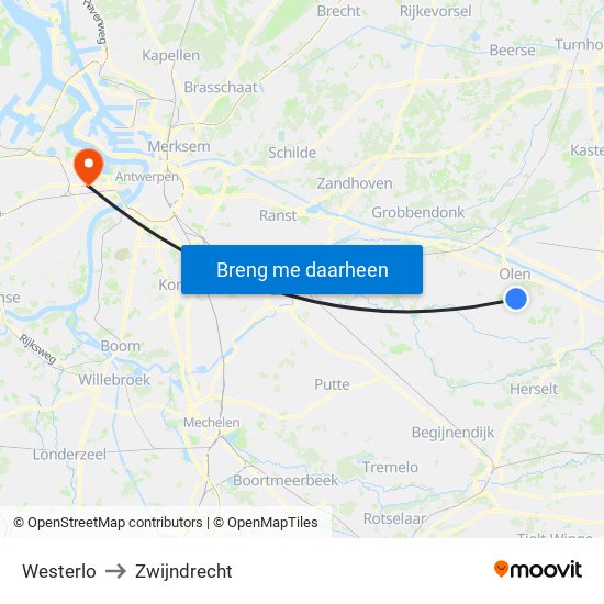 Westerlo to Zwijndrecht map