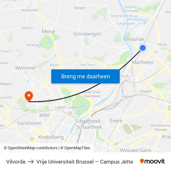 Vilvorde to Vrije Universiteit Brussel — Campus Jette map