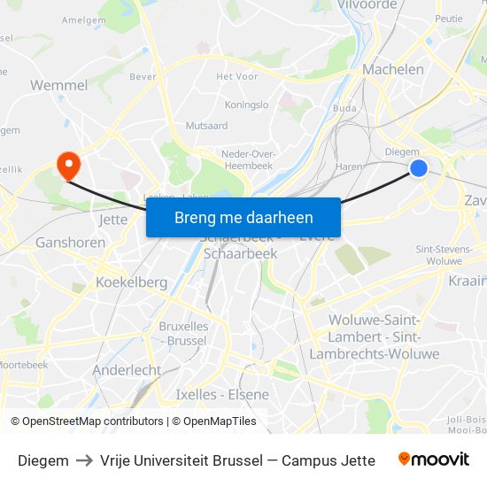Diegem to Vrije Universiteit Brussel — Campus Jette map