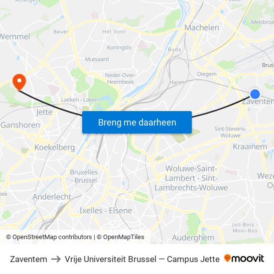 Zaventem to Vrije Universiteit Brussel — Campus Jette map