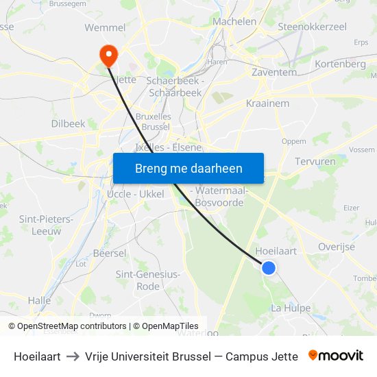 Hoeilaart to Vrije Universiteit Brussel — Campus Jette map