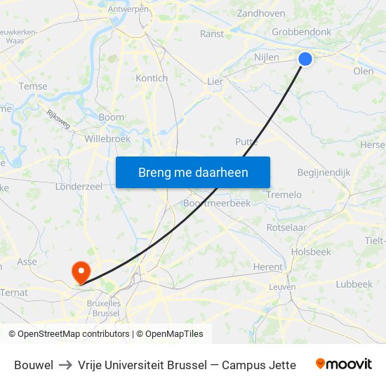 Bouwel to Vrije Universiteit Brussel — Campus Jette map