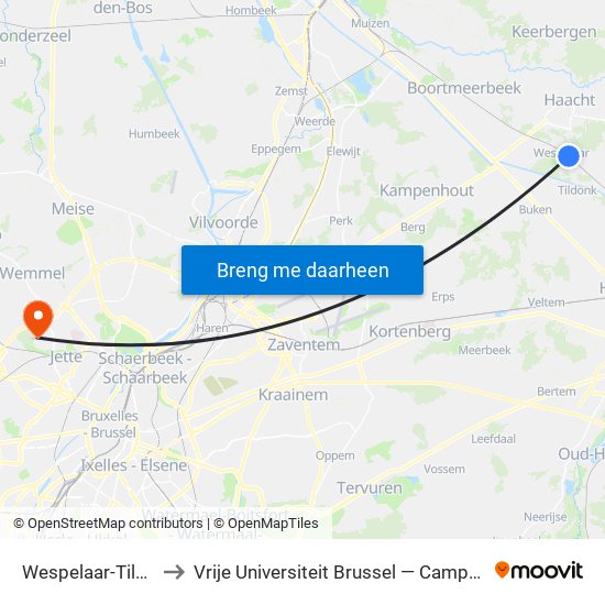 Wespelaar-Tildonk to Vrije Universiteit Brussel — Campus Jette map