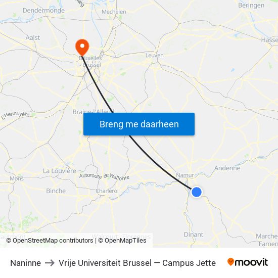 Naninne to Vrije Universiteit Brussel — Campus Jette map