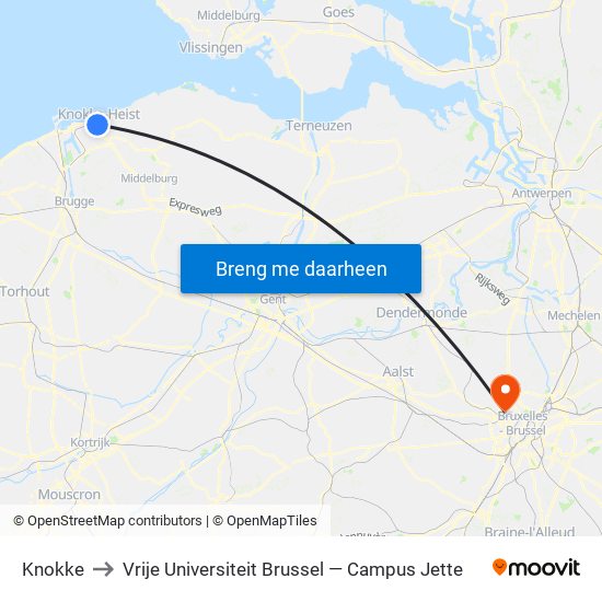 Knokke to Vrije Universiteit Brussel — Campus Jette map