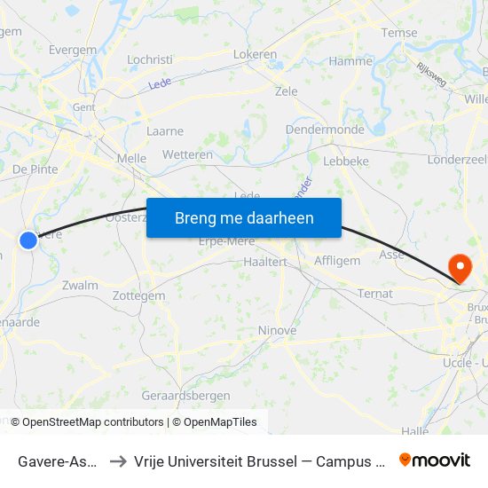 Gavere-Asper to Vrije Universiteit Brussel — Campus Jette map