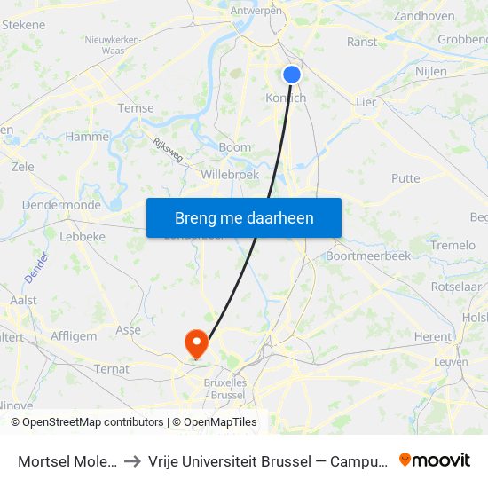 Mortsel Molenlei to Vrije Universiteit Brussel — Campus Jette map