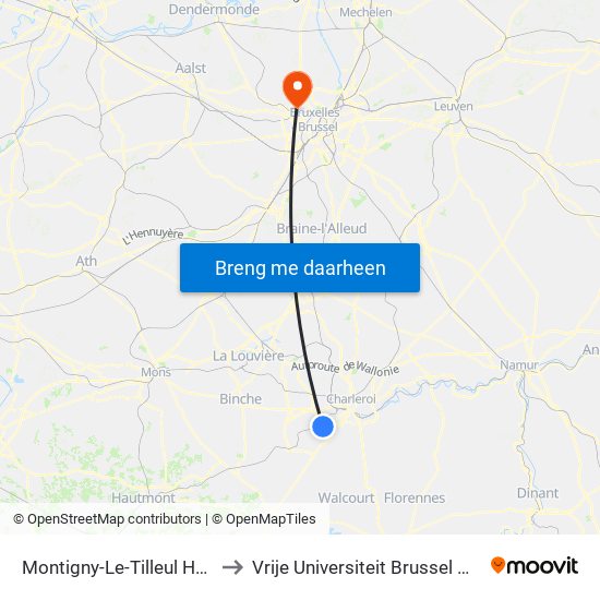 Montigny-Le-Tilleul Habitation 379 to Vrije Universiteit Brussel — Campus Jette map