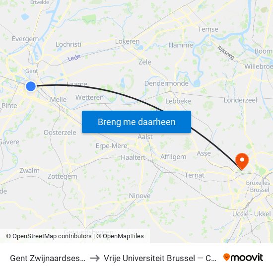 Gent Zwijnaardsesteenweg to Vrije Universiteit Brussel — Campus Jette map