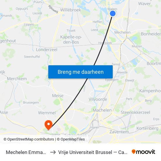 Mechelen Emmaüsdreef to Vrije Universiteit Brussel — Campus Jette map