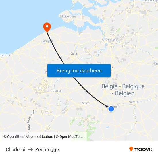 Charleroi to Zeebrugge map