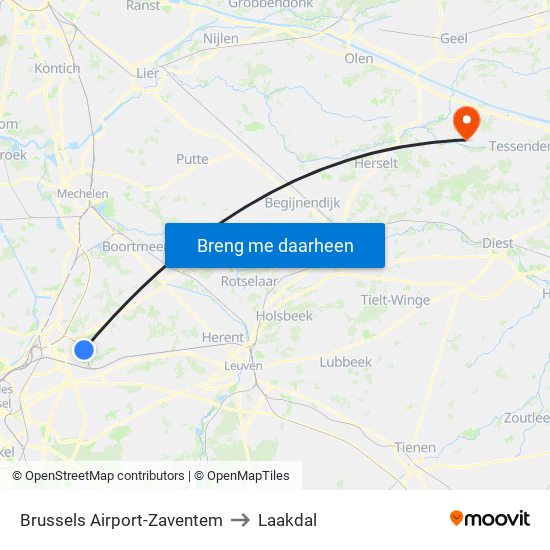 Brussels Airport-Zaventem to Laakdal map