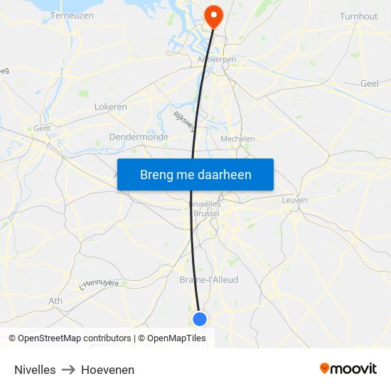 Nivelles to Hoevenen map