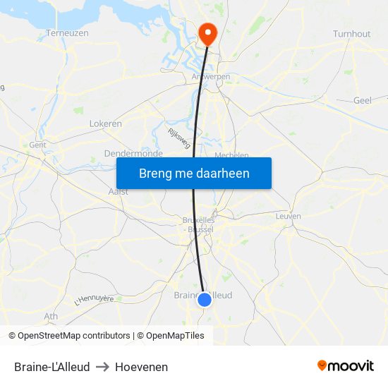 Braine-L'Alleud to Hoevenen map
