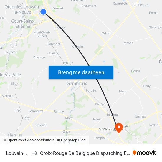Louvain-La-Neuve to Croix-Rouge De Belgique Dispatching Et Département Des Secours map
