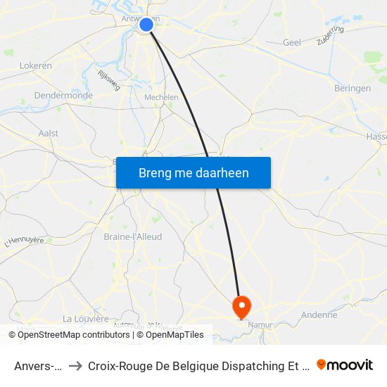 Anvers-Central to Croix-Rouge De Belgique Dispatching Et Département Des Secours map