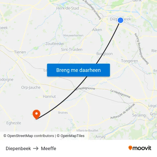 Diepenbeek to Meeffe map