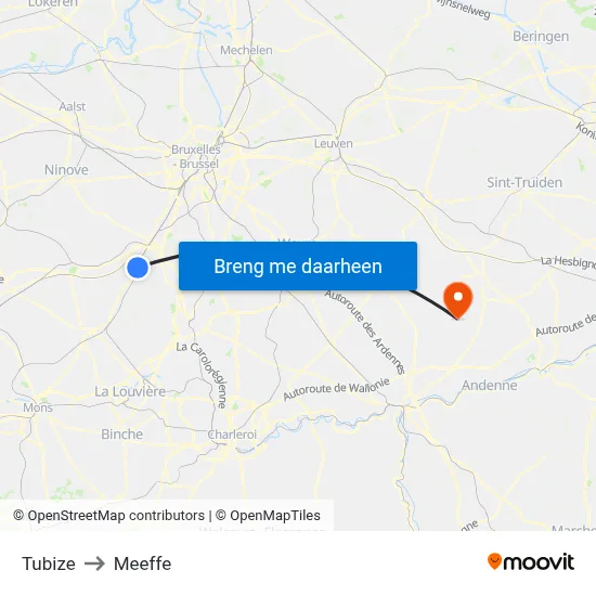 Tubize to Meeffe map