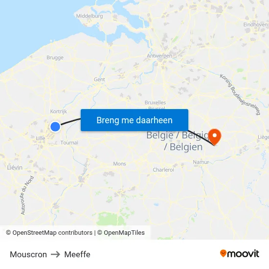 Mouscron to Meeffe map