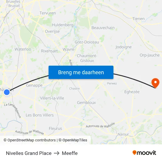 Nivelles Grand Place to Meeffe map