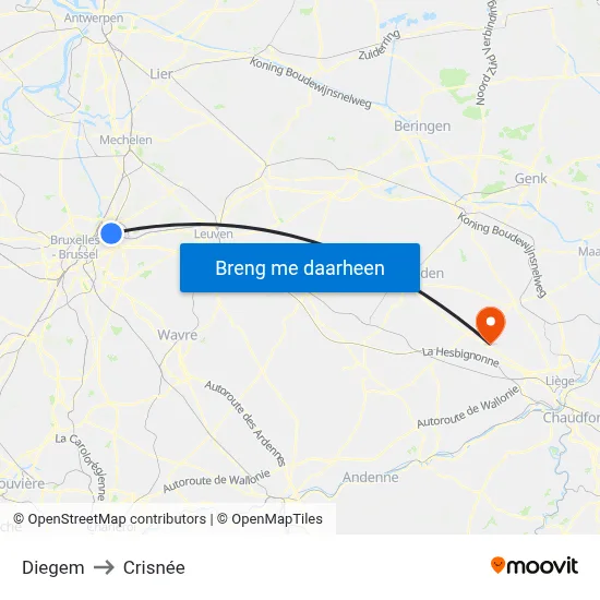 Diegem to Crisnée map