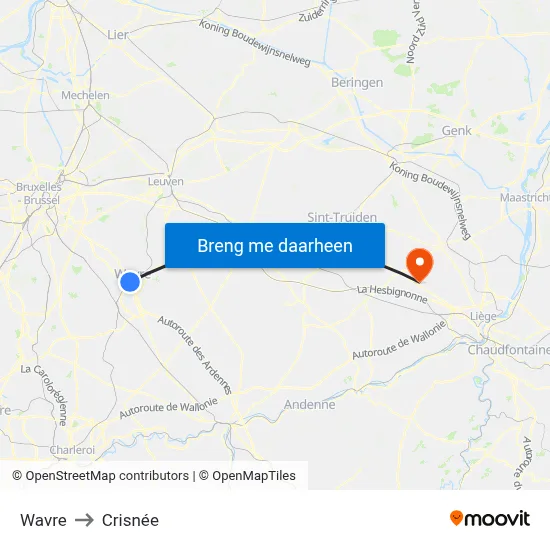 Wavre to Crisnée map