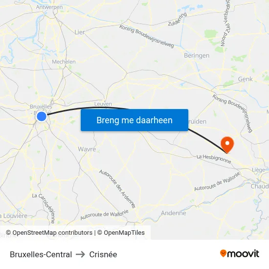 Bruxelles-Central to Crisnée map