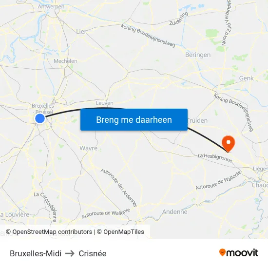 Bruxelles-Midi to Crisnée map