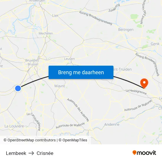 Lembeek to Crisnée map