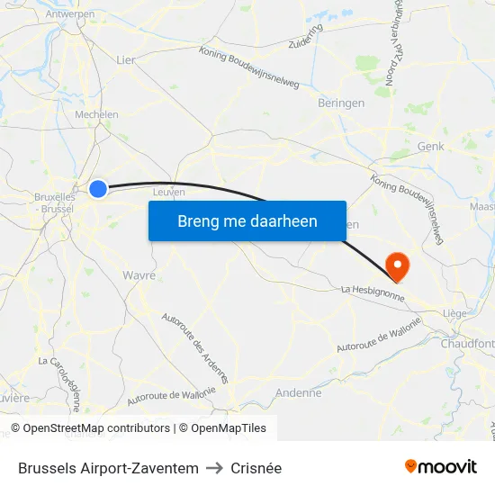 Brussels Airport-Zaventem to Crisnée map