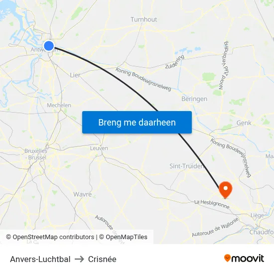 Anvers-Luchtbal to Crisnée map
