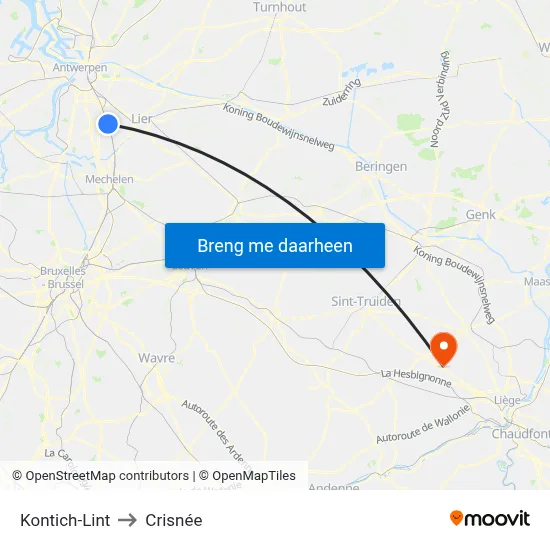 Kontich-Lint to Crisnée map