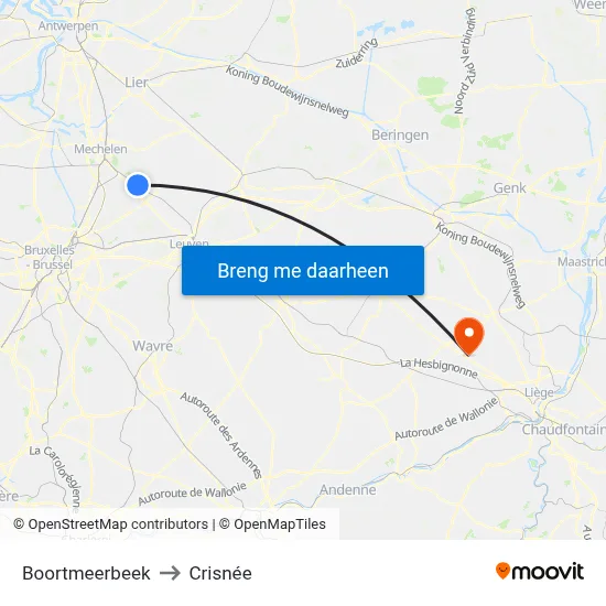 Boortmeerbeek to Crisnée map