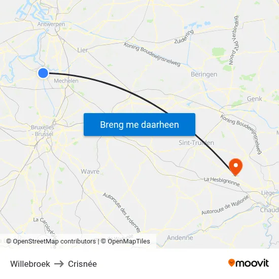 Willebroek to Crisnée map