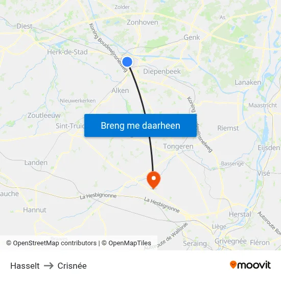 Hasselt to Crisnée map
