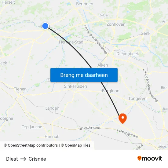 Diest to Crisnée map