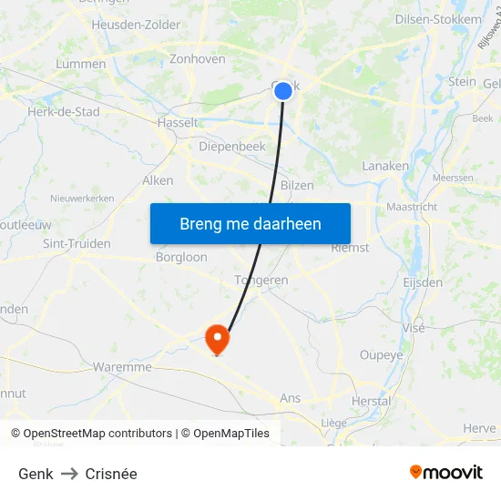 Genk to Crisnée map