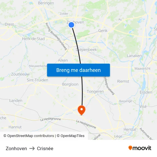 Zonhoven to Crisnée map